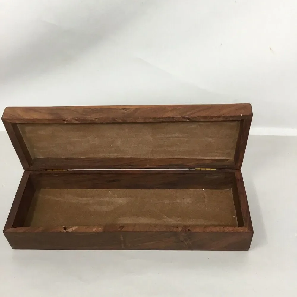 Vintage Wooden Domino Set Storage Box Wood with Brass Inlay Handcrafted 28 Piece